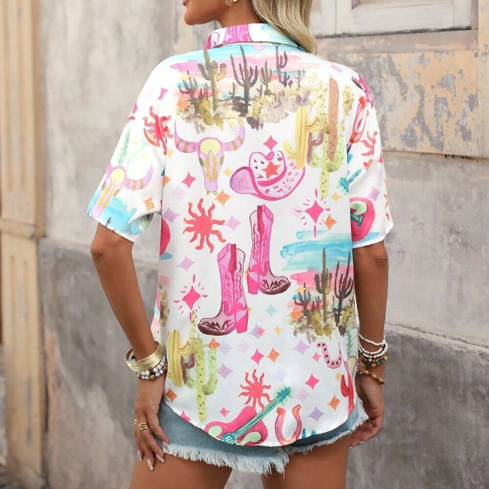 Multicolor Boho Women's Woven Graffiti Print Casual Short Sleeve Shirt - Picture 3 of 8
